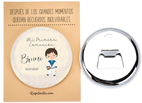 Pack de 12 Chapas abrebotellas personalizadas con imán, 58 mm, Envoltorio opcional, Detalles comunión, Detalles invitados Comunión, Detalles personalizados Comunión, Regalantes (Modelo Beige Niño)