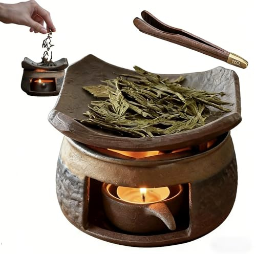 Brûleur d'huiles essentielles d'aromathérapie en cèdre et zen pour la maison et le bureau – Brûleur zen en céramique de cèdre et d'herbes aromatiques relaxant avec support pour bougie chauffe-plat
