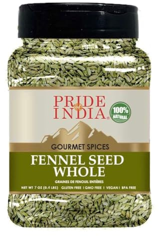 Pride of India – Fennel Seed Whole – Gourmet Spice – Fresh & Aromatic – Mouth Freshener – GMO/Gluten Free – Flavoring for bakes, meat & more – Easy to Use – 7 oz. Medium Dual Sifter Jar
