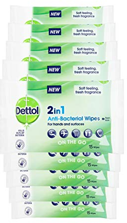 Dettol Antibacterial Hand Wipes - 135 Total (9 Packs Of 15), Biodegradable, Antiseptic & Disinfectant, Ideal For Travel Hygiene, Mini First Aid Kit Essential