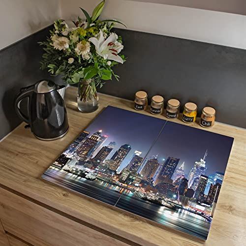 banjado® Herdabdeckplatte Glas 2-teilig 60x52 cm/Schneidebrett Herdabdeckung mit Motiv New York/Herdabdeckplatten Ceranfeld 2teilig / Schneidebrett Glas individuell einsetzbar