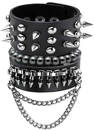 MILAKOO Pulsera de cuero punk negra con tachuelas y remaches punk rock, pulsera ajustable, 8 inch, Metal Cuero sintético