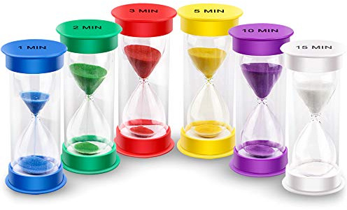 EMDMAK Sand Timer, Acrylic Hourglass Colorful Sandglass Timer 1 min/2 mins/3 mins/5 mins/10 mins/15 mins Sand Clock Timer for Games Classroom Home Office(Pack of 6)