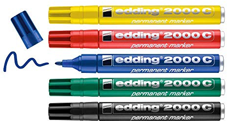 edding 2000 C permanent marker - red, blue, green, yellow, black - set of 5 basic colours - round nib - quick-drying permanent marker - waterproof - for cardboard, plastic, wood, metal, glass