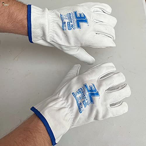 BricoLoco Guantes trabajo piel cuero vacuno. Talla 7 – 8 – 9 – 10 y 11. Par de guantes jardín, jardinería, construcción, conductor. Blanco ribete azul. CE CAT II. (Talla 8, 2)