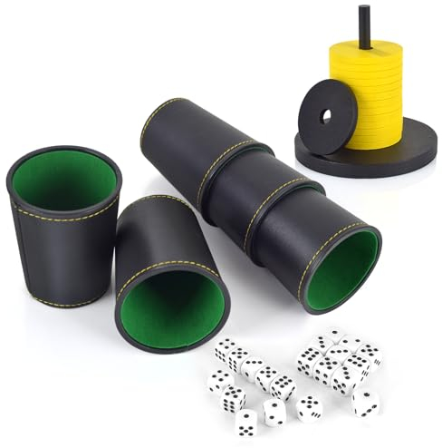 Schocken Set 5 würfelbecher Leder 25 Würfeln Schockbesteck Holz mit 14 Scheiben und Ständer Schockbesteck Set für Jule Meiern Maxen Mörkeln 10X10cm (gelb und schwarz)