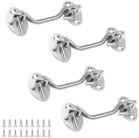AMONENZ 75 mm Storm Hooks with Eyelets, Pack of 4 Stainless Steel Storm Hooks, Cabin Hooks with Screws, for Locking Windows, Blinds, Barns, Garages and Shed Doors (Silver)