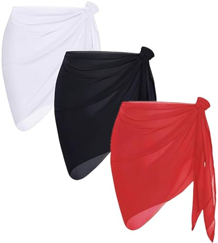 MUNSKT 3 Pack Beach Wrap Skirts for Women Girls, Swim Cover Up Short Sarongs Chiffon Beachwear Swimsuit, Easy Wear Multicolour One Size Fits Most