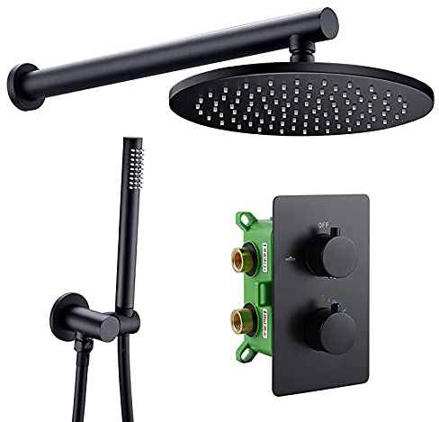 de Ducha termostático de Cabeza de Ducha de Lluvia Redonda Negra con Juego de combinación de Mano, Grifo de Ducha montada en la Pared Set Completa con válvula de latón, 16 Pulgadas