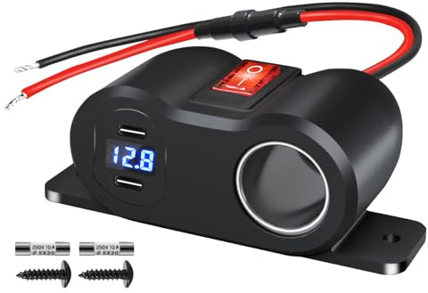 GIBBAB 120W 2*PD3.0 Outlet Cigarette Lighter Socket Splitter LED Voltmeter | With Rocker, 12V Car Charger Power Adapter Replacement Plug Female for RV Marine Boat Camper Truck ATV UTV Van (3*10A Fuse)