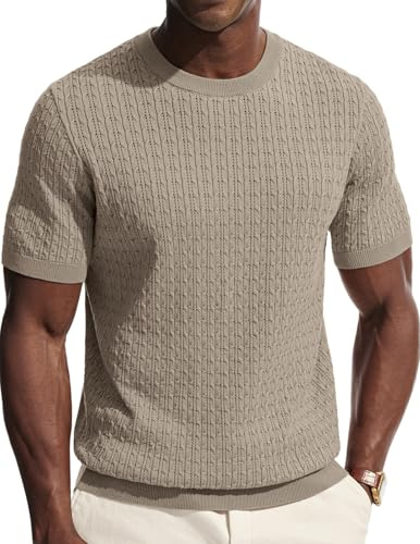 PJ PAUL JONES Shirts for Men Short Sleeve Knit Crew Neck T-Shirt Stylish Textured Hollow Out Tee Shirt Beach Khaki XL