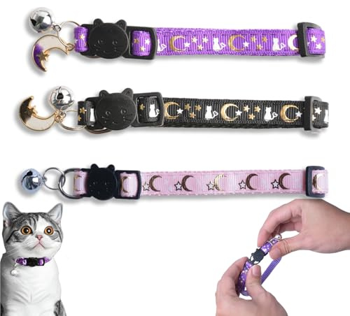 Weilin 3 Pcs Cat Collar with Bell, Breakaway Kitten Collar Moons Stars Cute Kitty Adjustable Kitten Collars with Pendant (Black Purple Pink)