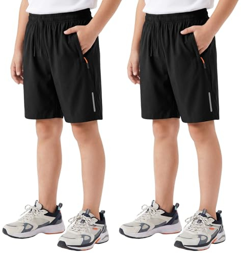 Hoseay Shorts Boys Quick Dry 2 Pack Athletic Short with Reflective Strips and Zipper Pockets Breathable Drawstring Elastic Waist Activewear Short Gym Training for Kids 11-12 Years, Black