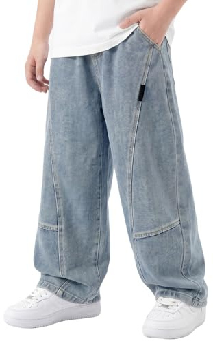 Keyck Jean Baggy Garçon Enfants Pantalon en Denim Streetwear Pant 7-15 Ans | avec Taille Élastique, Multiples Poches, Loose Fit, Décontracté Large Long Jeans, Confortable Casual Mode Pantalon de Jogging