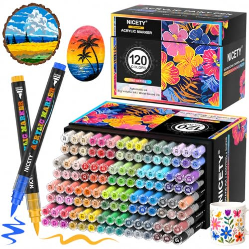 NICETY 120 Feutres Acryliques – Acrylic Paint Marker Pour Verre, Pierre, Bois, Toile, Céramique, Set De Feutres Acrylique Coloriage Adulte, Pointe Pinceau 1–5 mm, Étanche