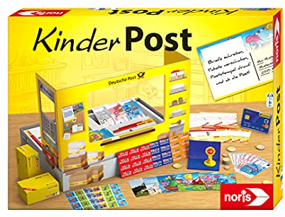 Noris 606011236 - Kinderpost - Klassisches Kinder-Rollenspiel, inkl. Postschalter und viel Postzubehör, Postkarten, Briefe, Pakete, für Kinder ab 4 Jahren, Gelbe