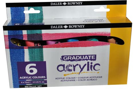 Daler-Rowney Graduate Acrylic Paint, 2.54oz - 75 ml, Cardboard Box, Metallic Set, 6 Assorted Colours