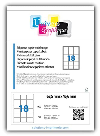 900 étiquettes 63.5 x 46.6 mm pour adresse blanches adhésives personnalisables = 50 feuilles de 18 étiquettes papier autocollante pour imprimante jet d'encre, laser utilisable word ref UGE18- l7161