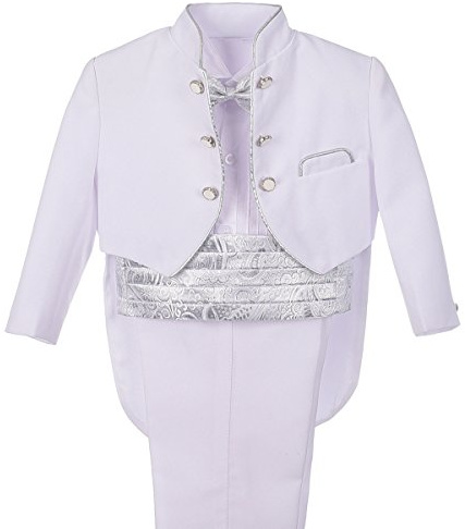 Lito Angels Conjunto de 5 Piezas Traje Vestir para niños bebé, Esmoquin Blanco para Boda, Fiesta Formal, Ceremonia y ocasión Especial (con fajín Plateado y Pajarita) 18 a 24 Meses