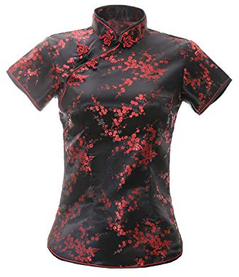 ACVIP Blusa china de manga corta con cuello alto y brocado de flor de ciruelo para mujer, Negro y rojo., UK 10/Chinese L