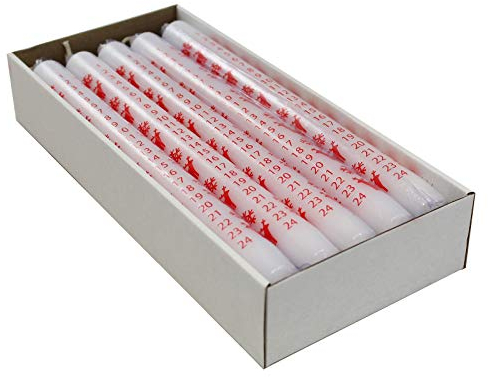 Ebersbacher Kerzenfabrik GmbH Adventskalenderkerze Schneeflocke & Elch weiß mit rotem Druck 10 Stück ca. (ØxH) 22 x 250 mm