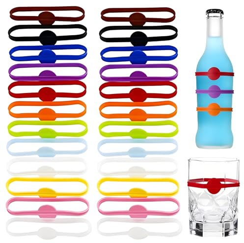 Qaziuy 24 Stück Glasmarkierer Silikon,Getränkemarker Glas Markierung Trinkglas Bunte Weinglas Marker Wiederverwendbare Glas Marker für Bar Party Cocktail, Champagner, Getränke