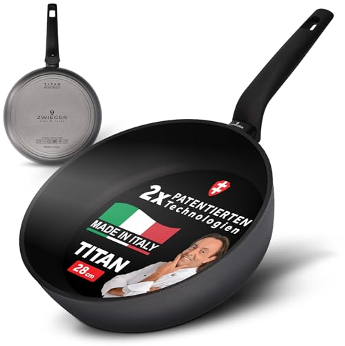 ZWIEGER Innovative Pfanne 28 cm – TITAN Bratpfanne 28 cm hoher Rand, Edelstahlboden, für alle Herdarten (inkl. Induktion) geeignet – Antihaft, PFOA- & PFOS-frei, Spülmaschinenfest