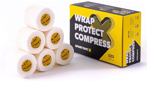 6 Rollen SPORTTAPE Selbsthaftendes Fußball-Sockentape - 5 cm x 4,5 m - weiß - Kohäsive Bandage Sockenband Stutzentape - Fuß- und Handgelenk-Bandage - Pet Vet Wrap für Pferde Hunde, Enthält Latex
