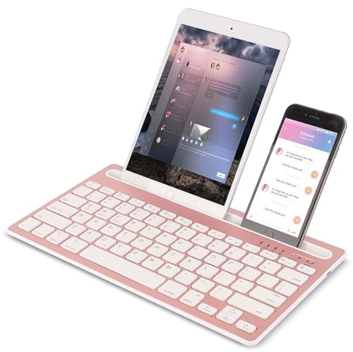 Teclado inalámbrico Bluetooth, portátil, recargable, silencioso QWERTY, 78 teclas, admite el cambio entre 2 dispositivos, con soporte integrado, para iPad, tabletas, smartphones (oro rosa)