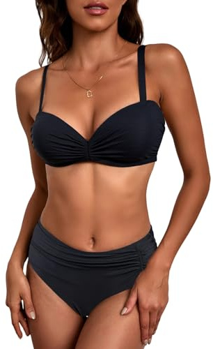 JFAN Costume da Bagno Donna 2 Pezzi A Vita Alta Ruched Bikini Classico Push Up Reggiseno Beachwear Bandeau Removibile Swimwear Nero XL