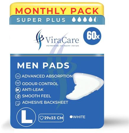 60 x Super Plus Incontinence Pads Men | Adhesive Backsheet & Advanced Absorption | Mens Incontinence Pads | Pad for Men | Male Incontinence Pad | Size 29x23 cm | (3 Packs of 20)