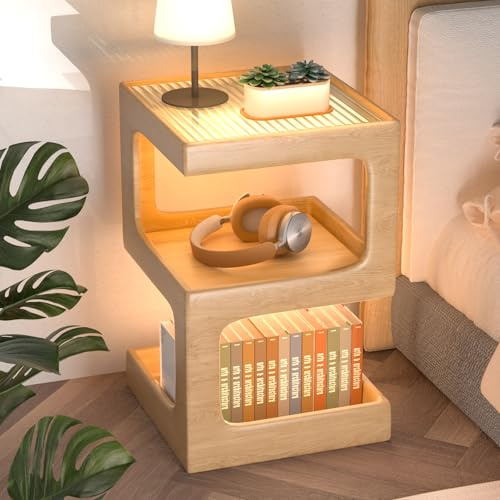 ihomemore Moderner Beistelltisch aus Massivholz mit Glasplatte – Nachttisch mit 3 Ablagen für Wohnzimmer & Schlafzimmer Skandinavisches Design Vielseitig und Platzsparend