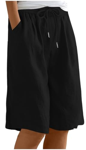 Shorts for Women Cotton Linen High Waist Drawstring Womens Summer Shorts Solid Color Half Ladies Jogger Loose Fit Wide Leg Beach Activewear Fitness Sport Pocket Plus Size Summer Clothing