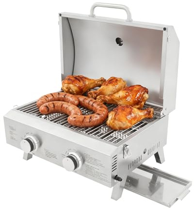 Barbacoa de gas para camping, barbacoa plegable de acero inoxidable con tapa, 2 quemadores, superficie de parrilla de 55,8 × 45 cm, barbacoa de gas de mesa con parrilla y termómetro, barbacoa portátil