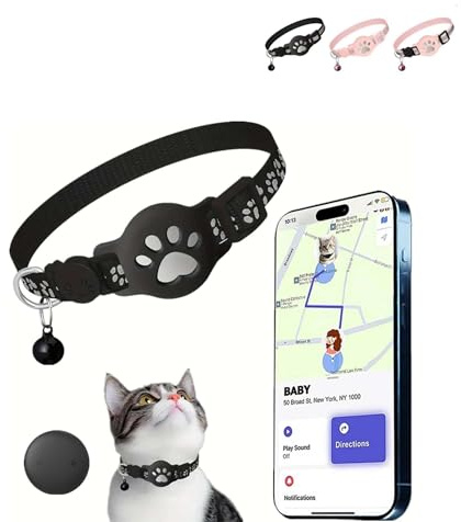 Collier GPS Chat sans Abonnement ni Carte SIM, Traceur GPS Étanche IP67 pour Chat, Localisation en Temps Réel, Compatible iOS et Android, Collier Réfléchissant Anti-Perte (Noir)
