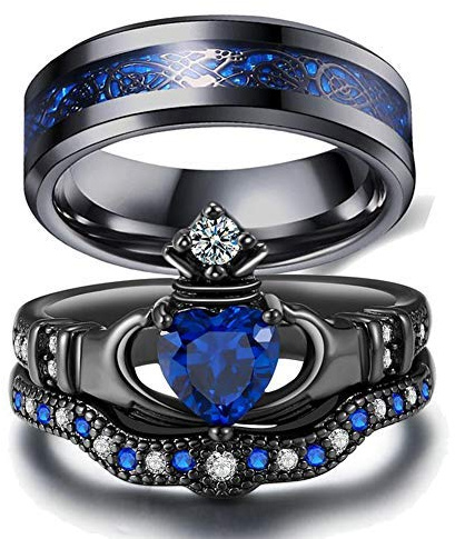 Couple Ring Bridal Set His Hers Black Claddagh Ring Heart Shape Rhinestone Stacking Irish Ring Stainless Steel Wedding Ring Band