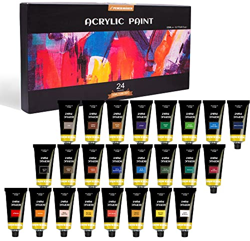 PENCILMARCH Acrylic Paint Set 24 x 22ml, Perfect for Canvas, Wood, Rock, Ceramic, Fabric, Non-Toxic Acrylic Paints Set for Adults and Beginners
