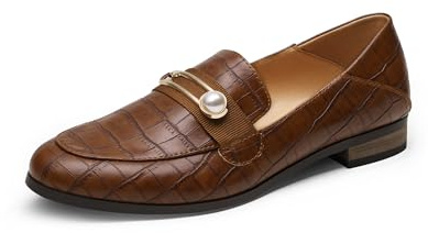 DREAM PAIRS Womens Penny Loafers Slip-on Low Heel Oxfords Pearl Buckle Moccasins Smart Work Office Flats Shoes Black,Size 7.5,Tan Stone/Pu,SDLS2207W