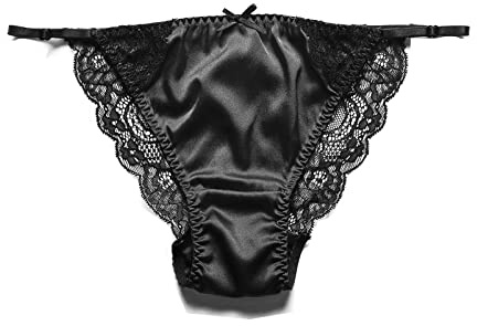 SilRiver Culotte en dentelle sexy en satin de soie pour femmes - Sous-vêtements en dentelle Bikini - Tanga Hipster, Noir , L-XL