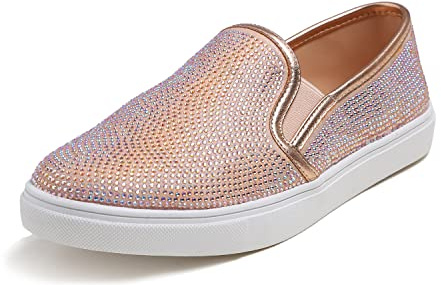 BREEZE NOUTHERLY Women's Sparkle Rhinestone Jeweled Loafer Flats Embellished Shiny Party Wedding Bridal Dress Sneakers Rose Gold Size 7.5 M US
