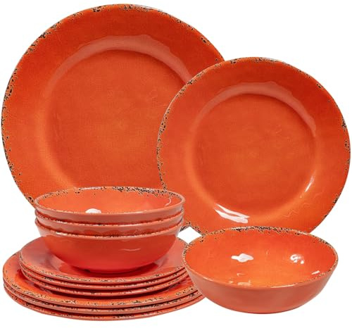 ZAROCRUS Rustic Melamine Dinnerware Sets, Farmhouse Dishes Set for 4, Lightweight 12 Piece Kitchen Plates and Bowls Set for Indoor and Outdoor Use, Dishwasher Safe, Orange
