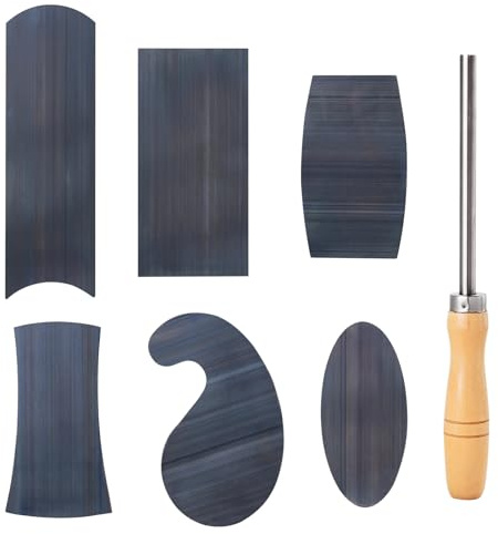 HERMIT TOOLS Cabinet Scraper Burnisher with 6 Piece Multi-Shaped Scraper Set 1 Oval 2 Double Convex/concave 1 Rectangle 1 Curved and 1 Gooseneck Scraper (Blue Spring Steel)