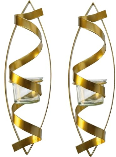 Lily's Home Set of 2 Tealight Wall Sconces - Spiral Ribbon Metal Art with Gold Finish, 12 Inch Indoor Wall Decor - Suitable for Living Room, Hallway, Wedding & Party Decorations