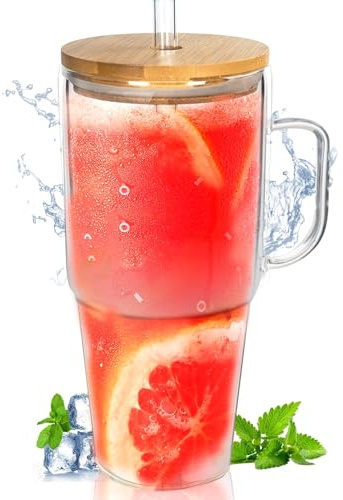 ANOTION Vasos de vidrio con tapas y popotes, vaso de 40 onzas con asa y popote, botellas de agua de vidrio, vasos para beber, pajitas de vidrio, tazas de café helado, taza de café de viaje, taza de