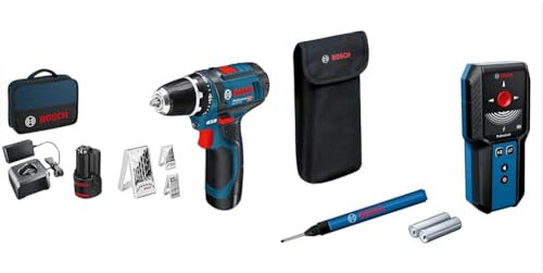 Bosch Professional 12V Akku-Bohrschrauber GSR 12V-15 (2x2.0 Akku, Ladegerät, 39tlg.-Zubehör-Set) & Ortungsgerät GMS 120-27 (max. Detektionstiefe Metall/Leitungen: 120mm/50mm, Markierstift)