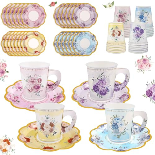 24 Sets Disposable Paper Tea Cups 7 OZ Floral Tea Party Cups with Handle and Plates Teacups and Saucer Sets for Garden Party Baby Bridal Shower Birthday(Watercolor Style)