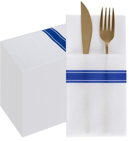 PHUNAT 50-Pack Navy Blue and White Linen Feel Pre-Folded Dinner Pocket Napkins, 40x40 cm (15.7x15.7 Inches), Premium Stripes Paper for Elegant Dining