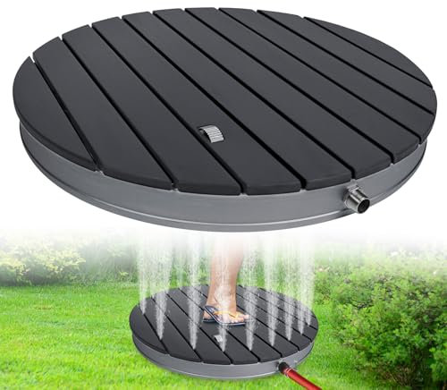 HENGMEI Gartendusche Bodendusche Outdoor WPC Campingdusche Außendusche Saunadusche rutschfest Wetterfest Aluminium Standfläche bis 4 m Fontänenhöhe Fußboden Dusche (Anthrazit - Rund)