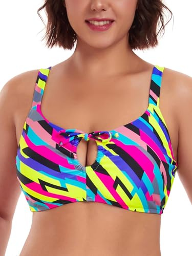 Ocean Blues Parte superior de bikini retro con abertura para mujer, parte superior acolchada con cordones en la espalda, Rayas neón, M