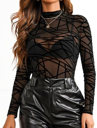 Avidlove Women's Mesh Tops Sexy T-Shirt Casual Blouse Y2K Party Clubwear | soft breathable lace fabric, long sleeve half mock neck design, versatile for all seasons, slim fit Halloween festival outfit